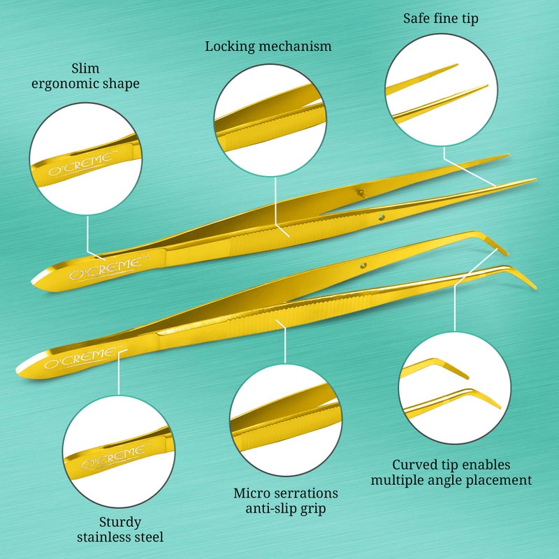 O'Creme Gold Stainless Steel Precision Kitchen Culinary Fine-Tip Tweezer Tongs, 1 Curved and 1 Straight - Image 4